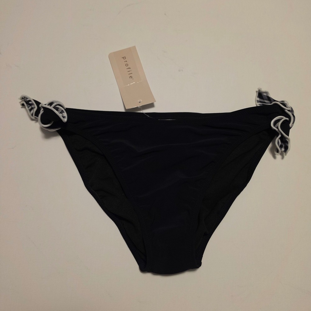 Profile by Gottex Gingham Ruffle Side Tie Bikini Swim Bottom Black Size 10